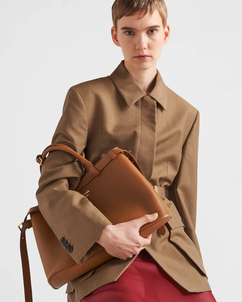 Prada Buckle Medium Leather Handbag With Double Belt