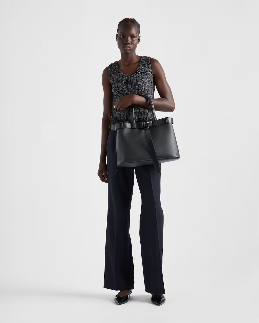 Prada Buckle Large Leather Handbag With Double Belt