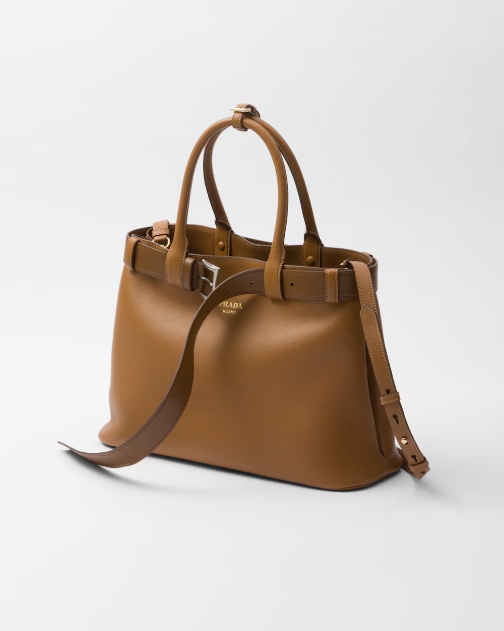 Prada Buckle Large Leather Handbag With Double Belt